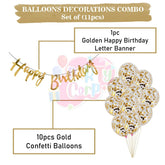 PartyCorp Happy Birthday Decoration Kit Combo 11 Pcs - Gold Confetti Balloon, Gold Happy Birthday Alphabets Cut Out Banner